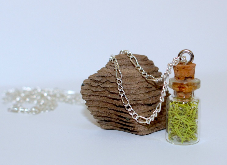 Tiny bottle necklace containing electric green wolf lichen.